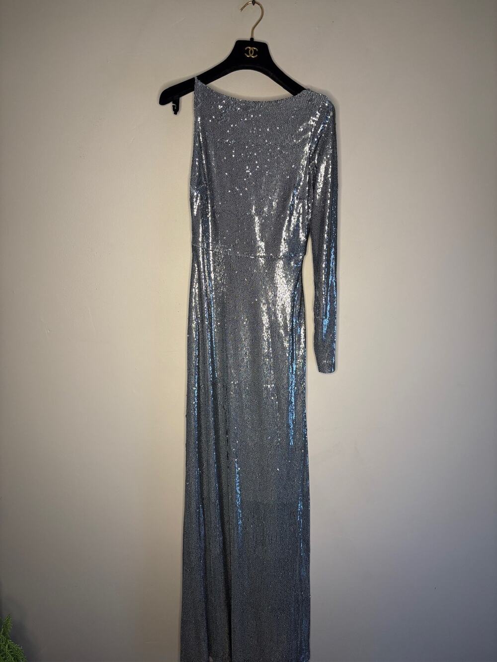 Halston Silver Sequin Long Sleeve Gown Steel Blue Evening Maxi Dress Size 4 NEW